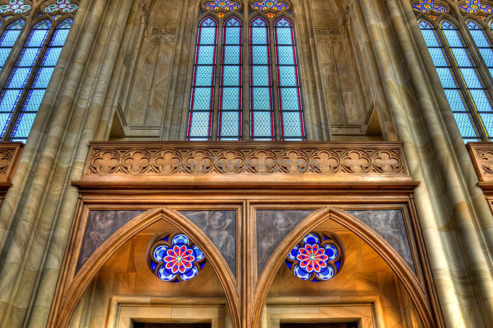 Arched ceiling with stained glass windows close up Berlin Germany HDR