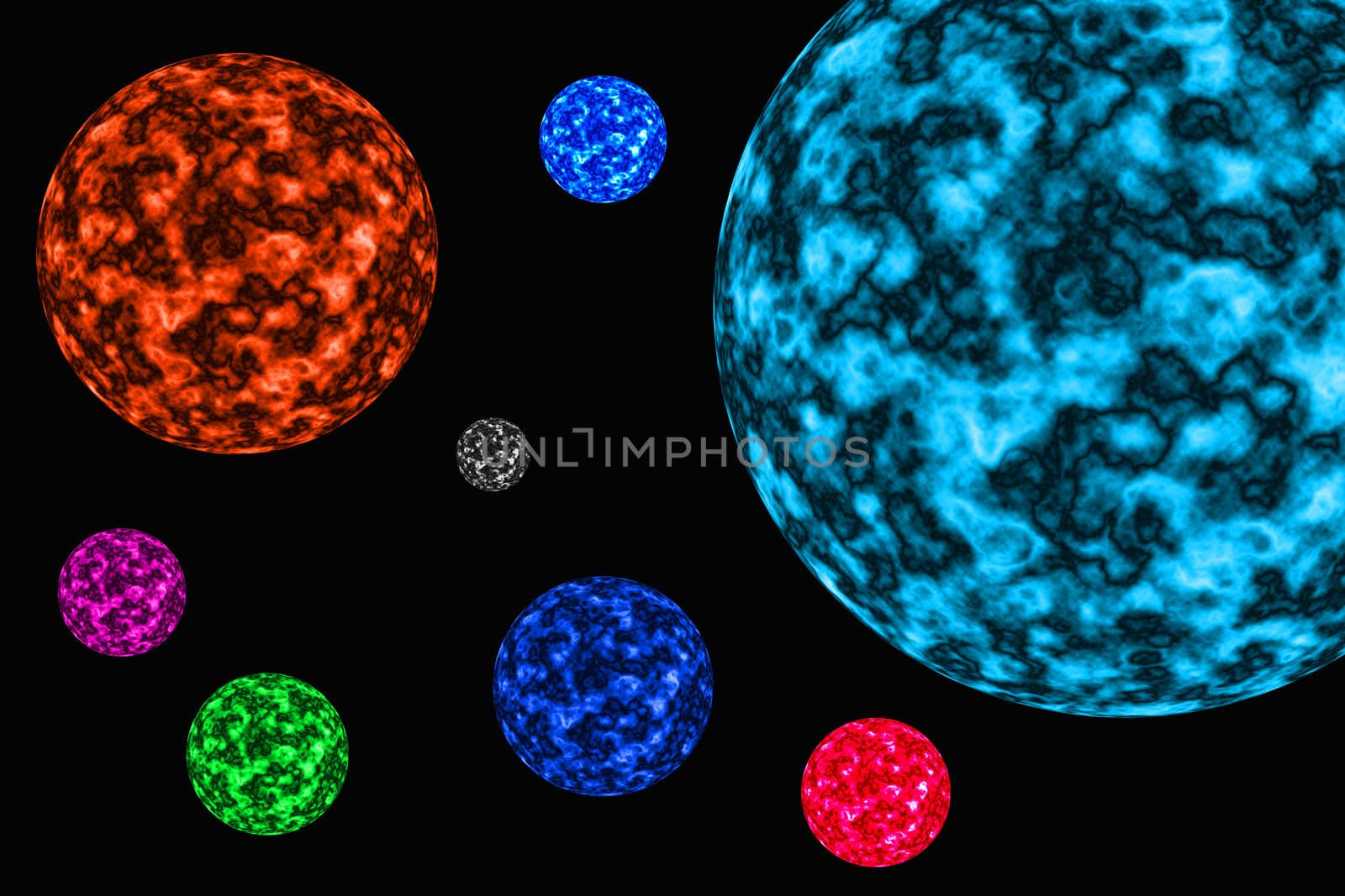 The image of parade of different multi-coloured bright planets