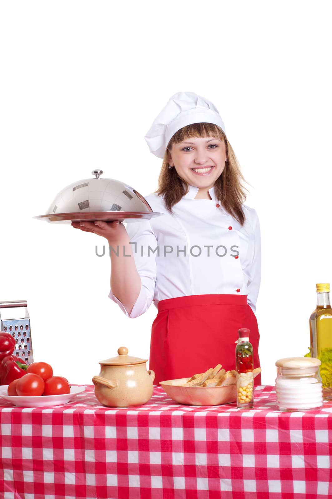 attractive woman holds a large platter with food, white background