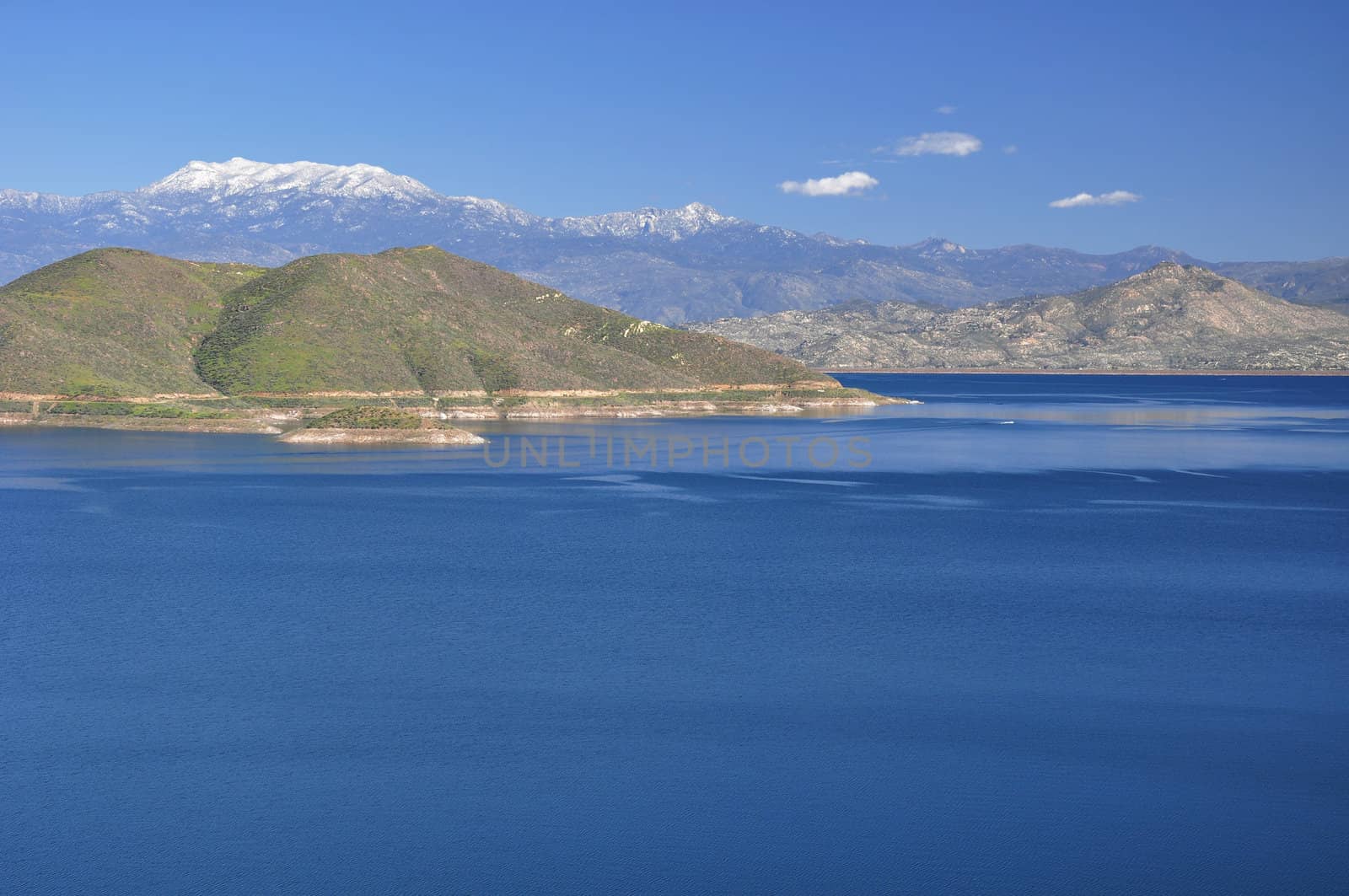 View of Diamond Valley Lake and distant snow-capped Mount San Jacinto. Located near the town of Hemet, California.