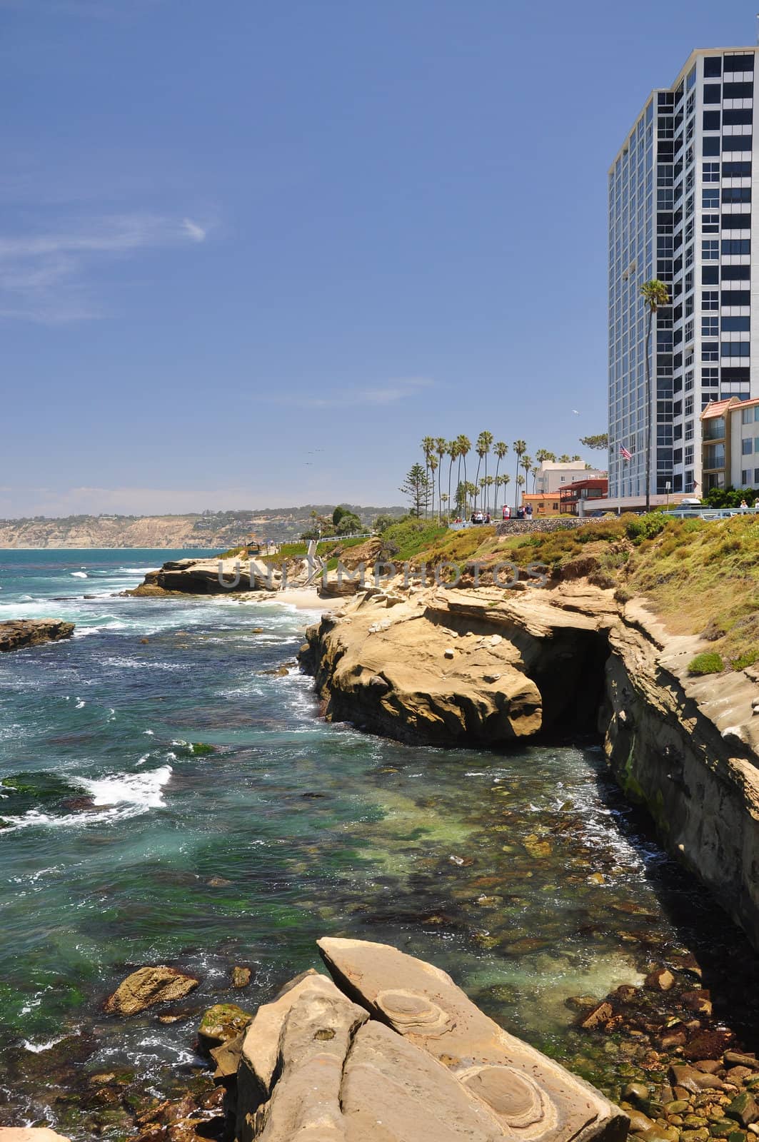 View of the rocky waterfront of La Jolla, California near San Diego.