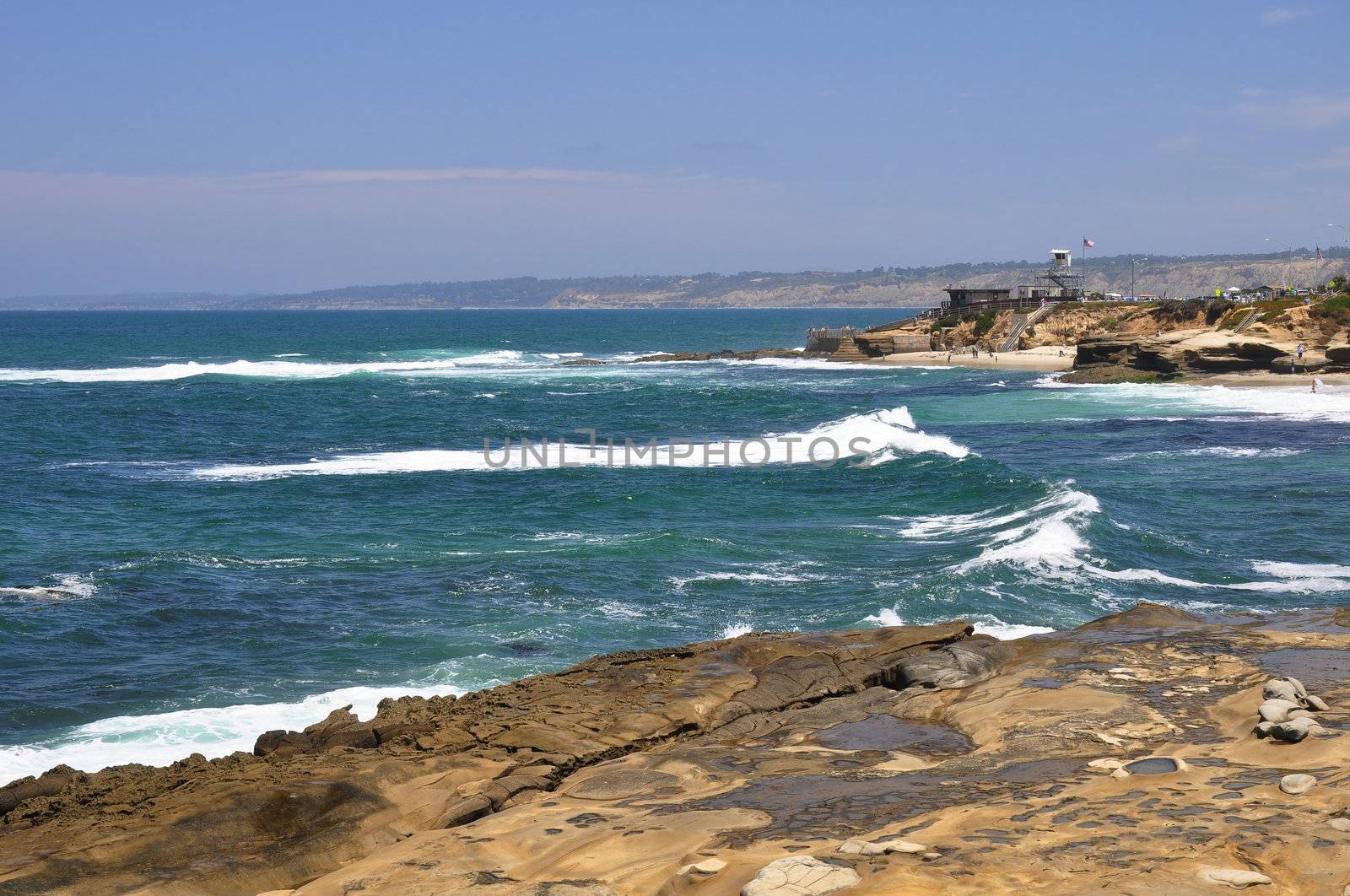 View of the rugged and rocky shoreline which fronts La Jolla, California near San Diego.