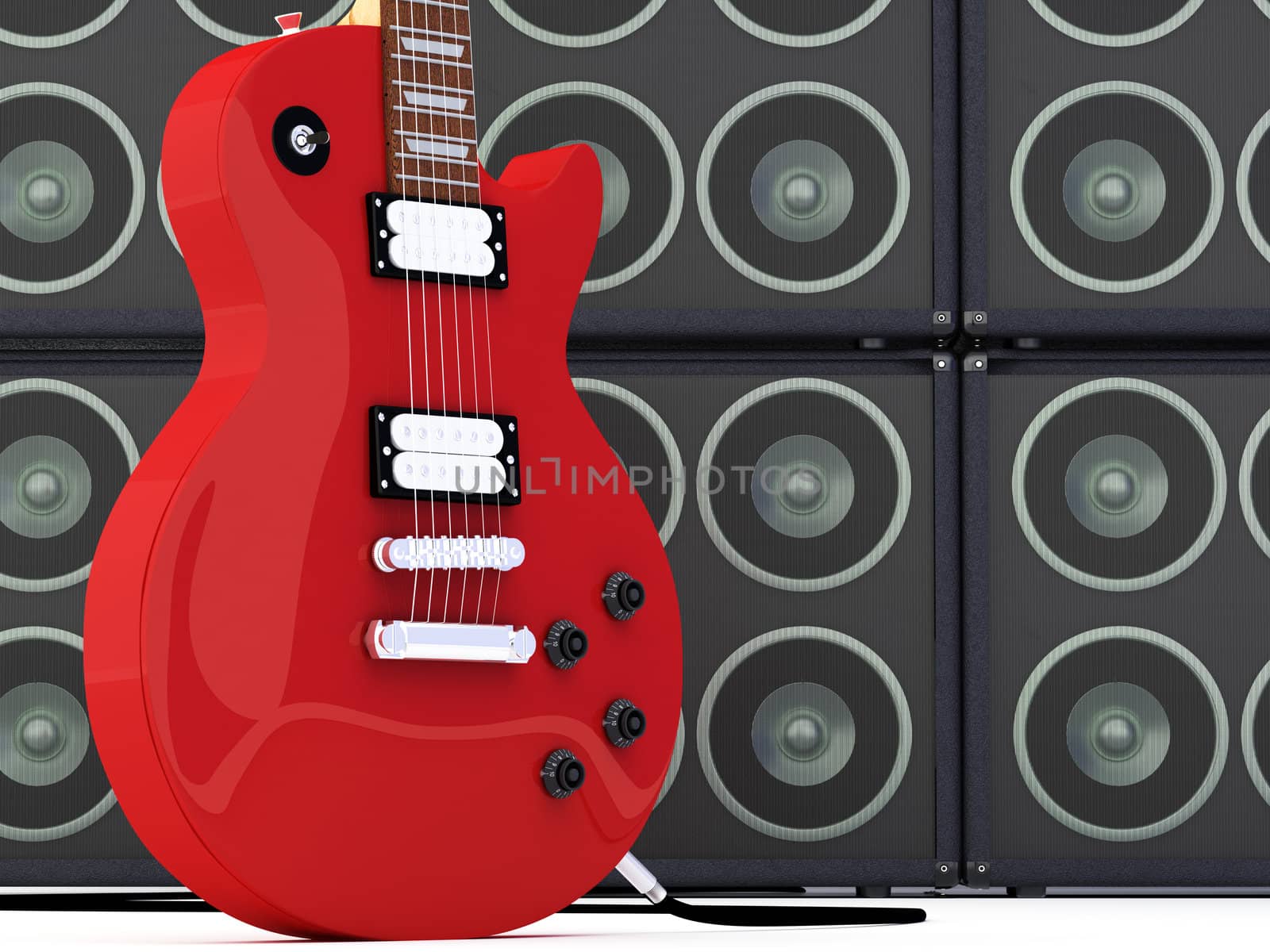 Electric guitar with a group of Speakers. 3D render