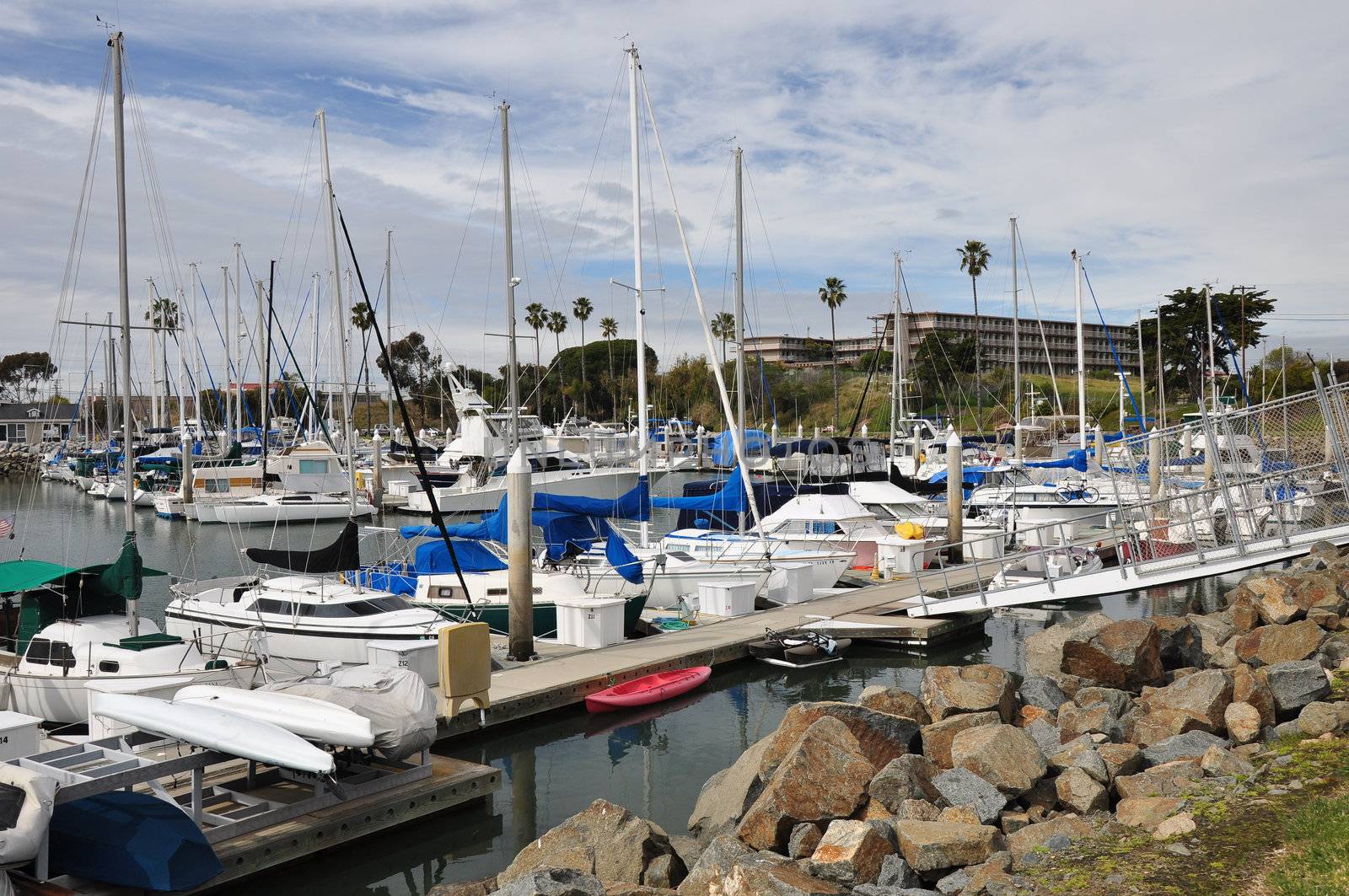 Boats and yachts of all sizes rest at dock at a small harbor in Oceanside, California.