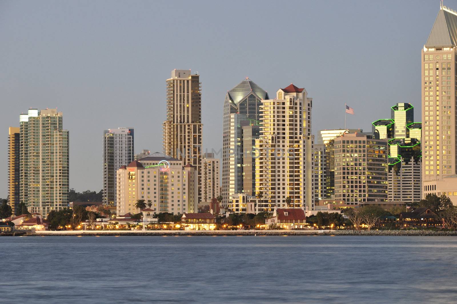 View of the San Diego waterfront as dusk falls on the city.