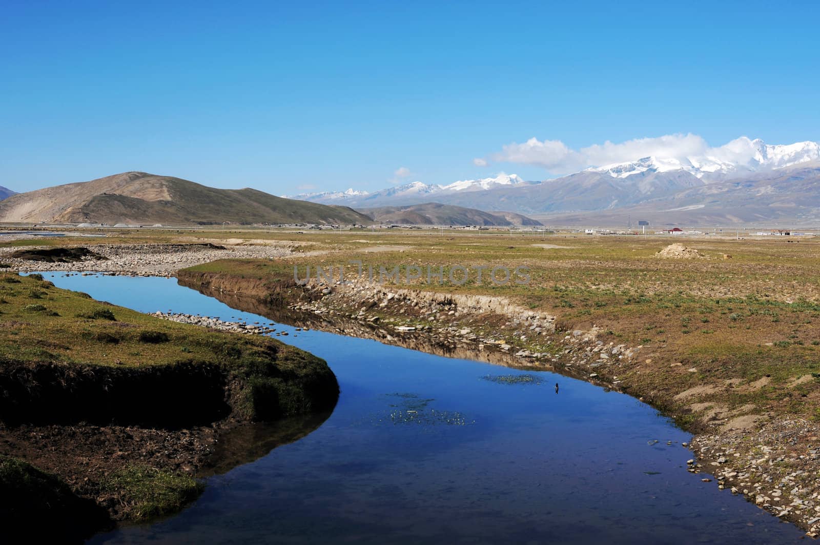 Landscape of mountains and rivers in the highlands of Tibet