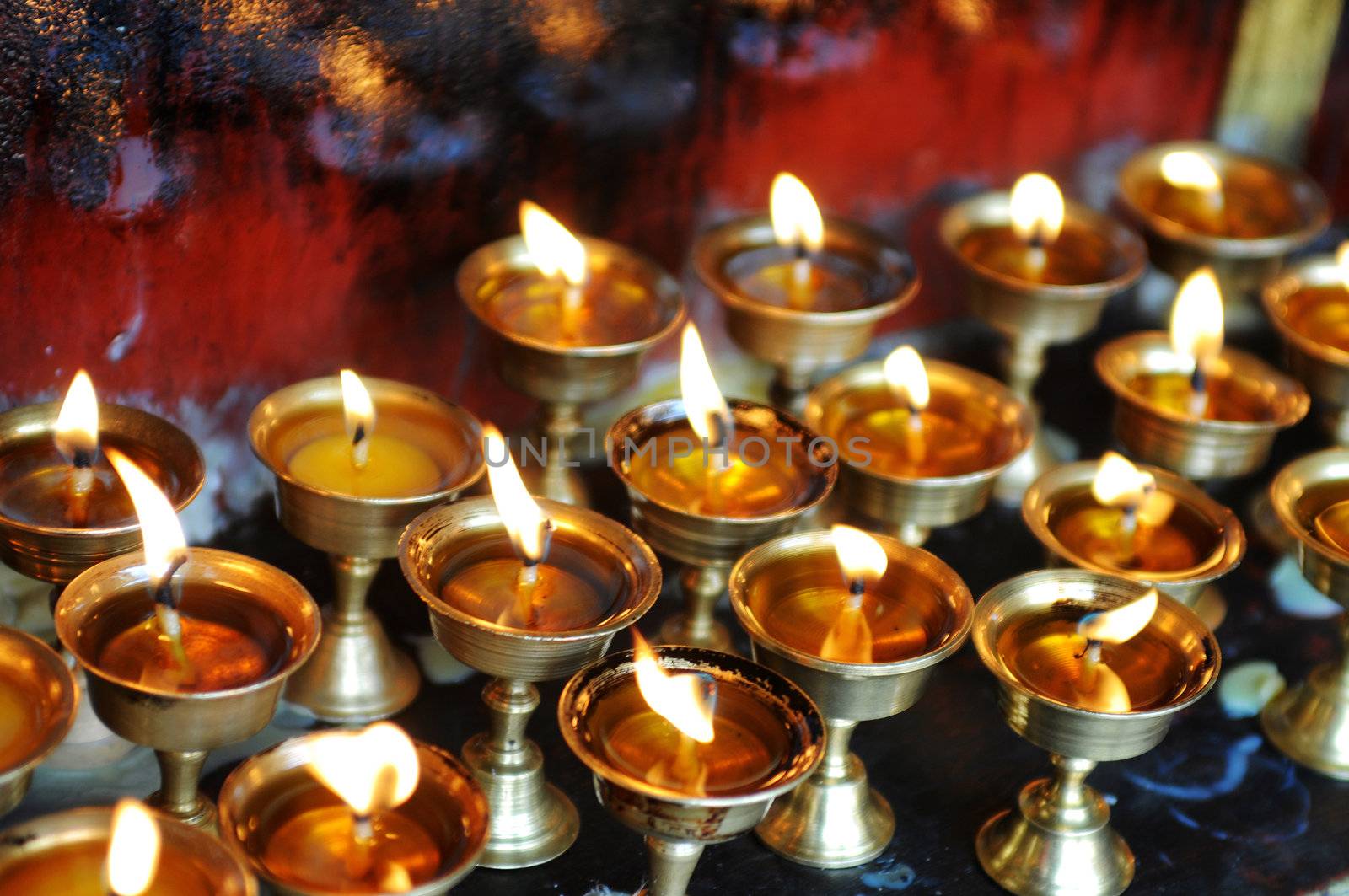 Group of yak butter lamps in a Tibetan lamasery