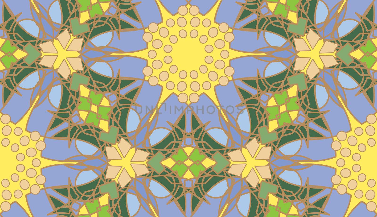 Seamless kaleidoscope pattern with floral shapes in background
