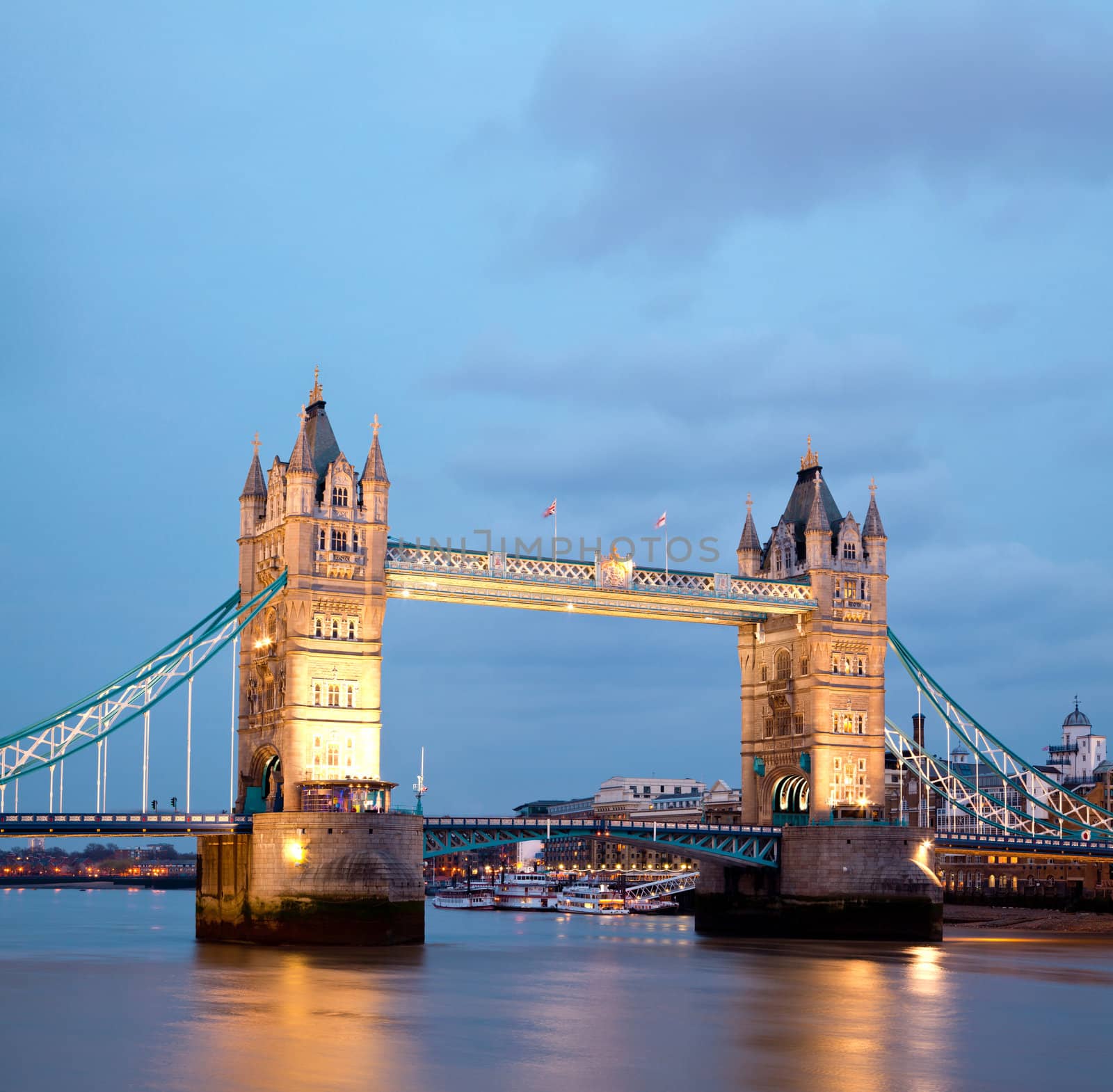 Architecture of Tower Bridge along River Thames London England United Kingdom at Dusk
