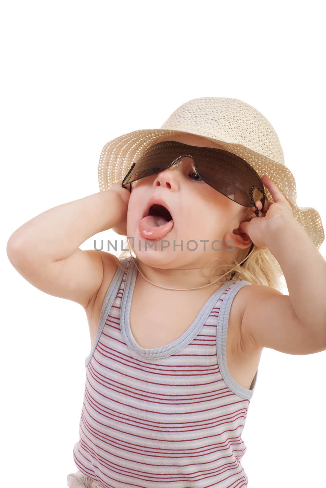 child in sunglasses with opened mouth