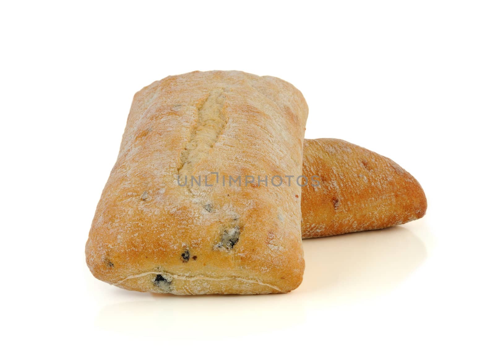 Ciabatta with olives on a white background