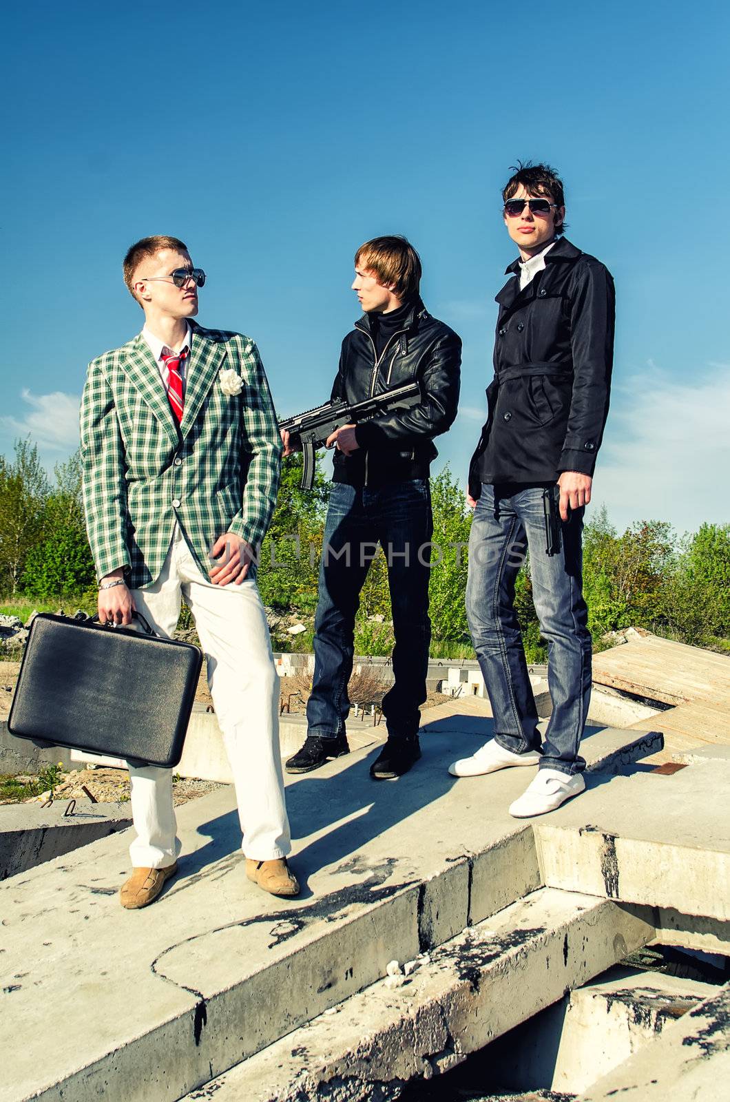 Mafia: Three thugs with a suitcase and weapons by dmitrimaruta