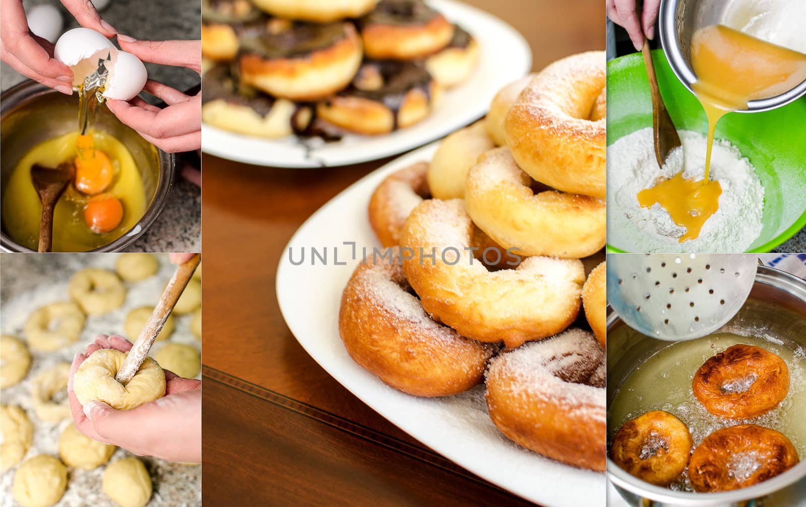 Donuts making collage. Six photos.