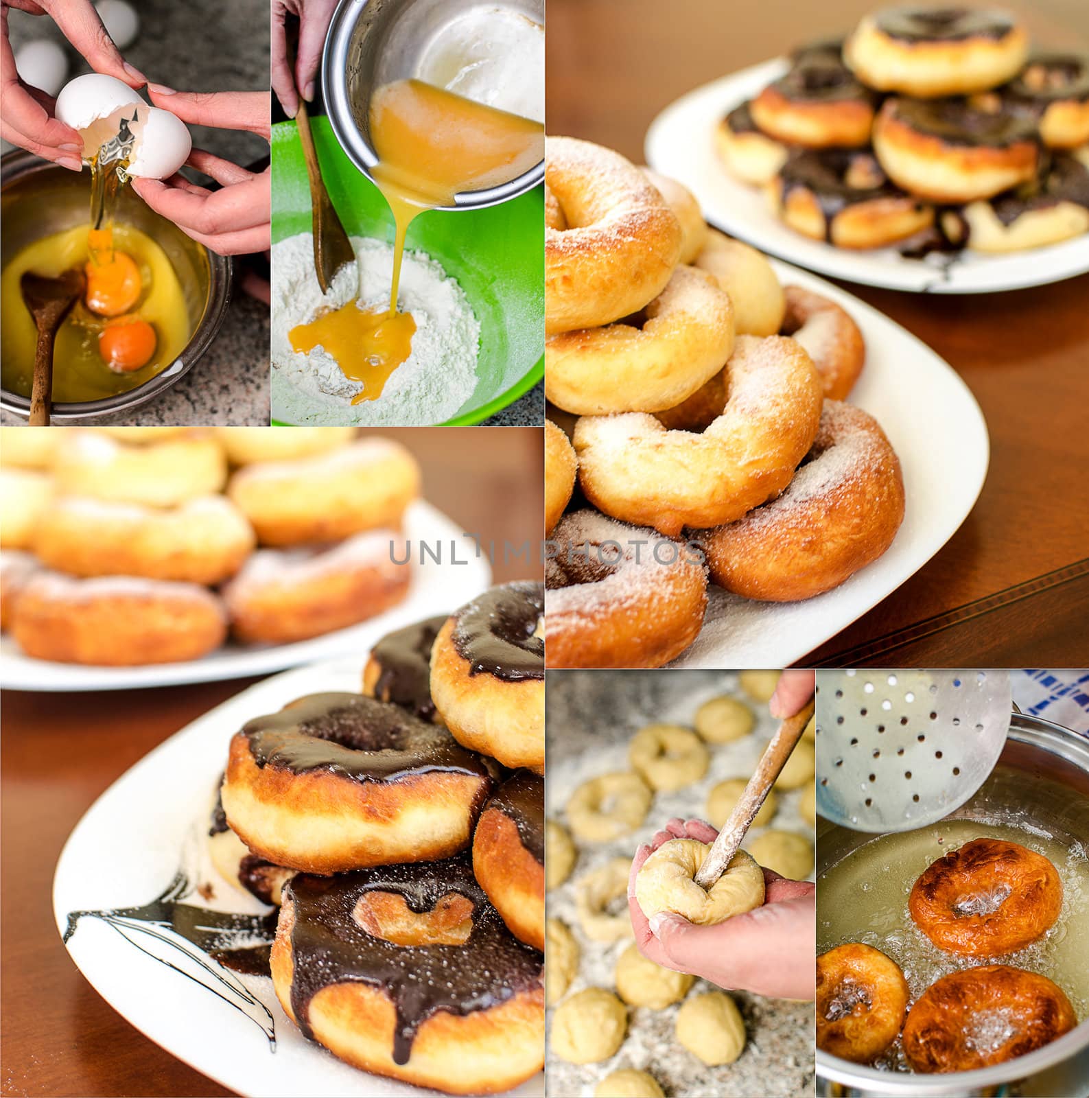 Donuts making collage. Six photos.