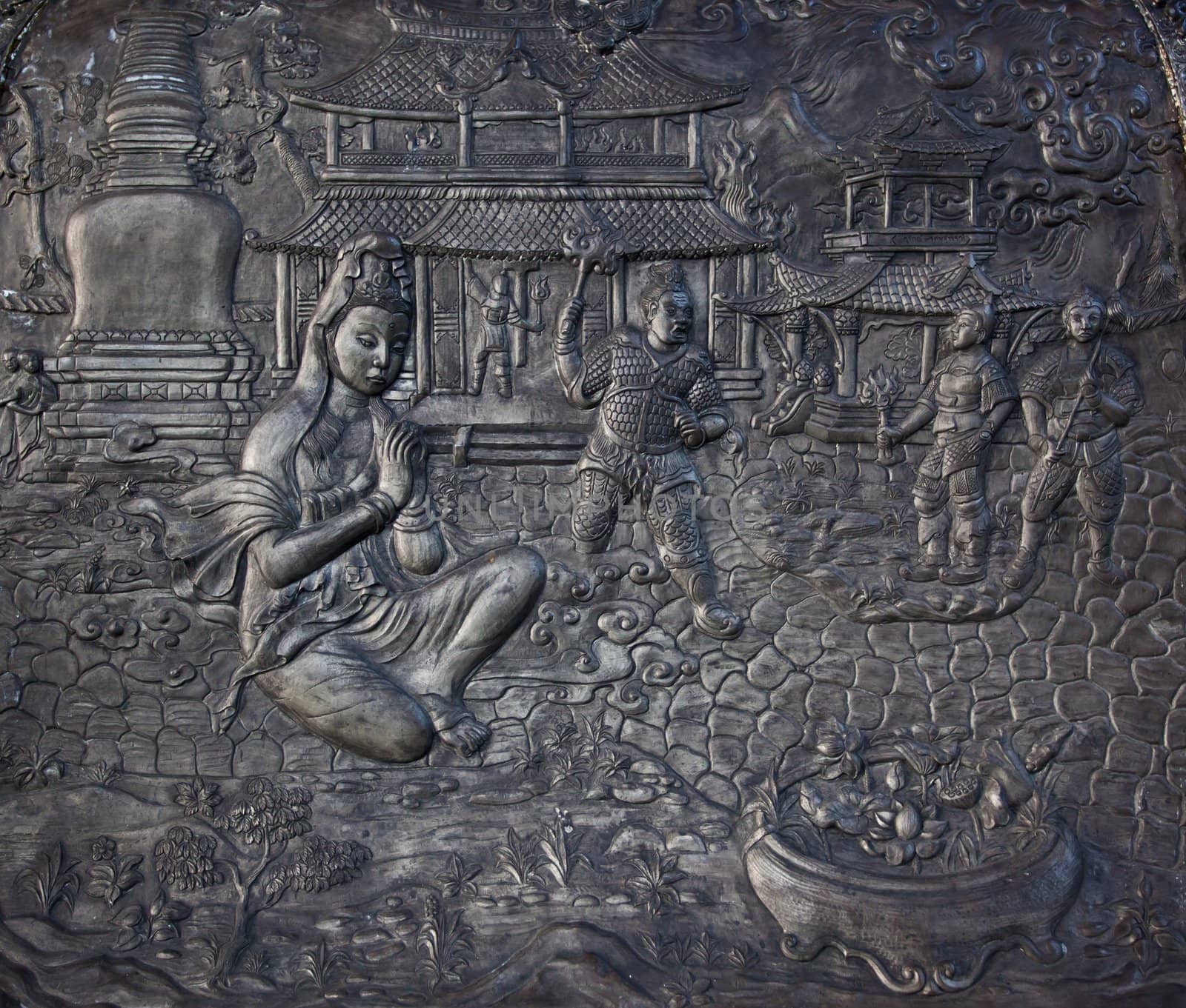 Carved stone at erawan museum,Thailand