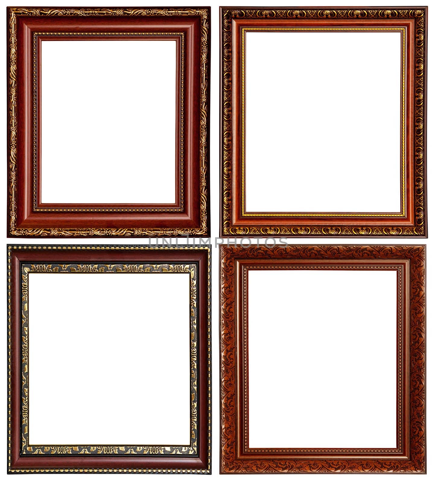 Gold and wood frame Collection on white background