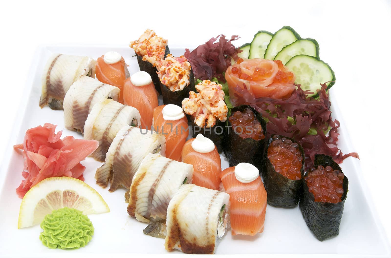 Japanese sushi fish and seafood on white background