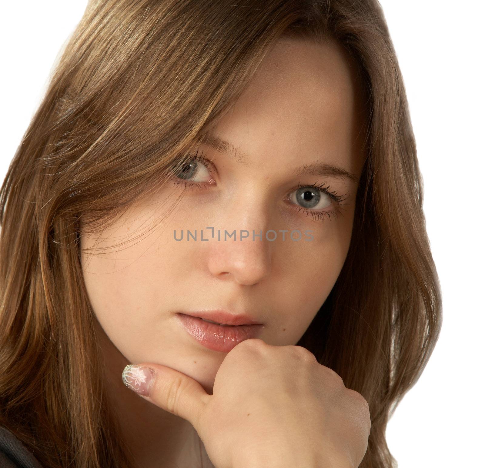 The girl with a thoughtful sight at  white background