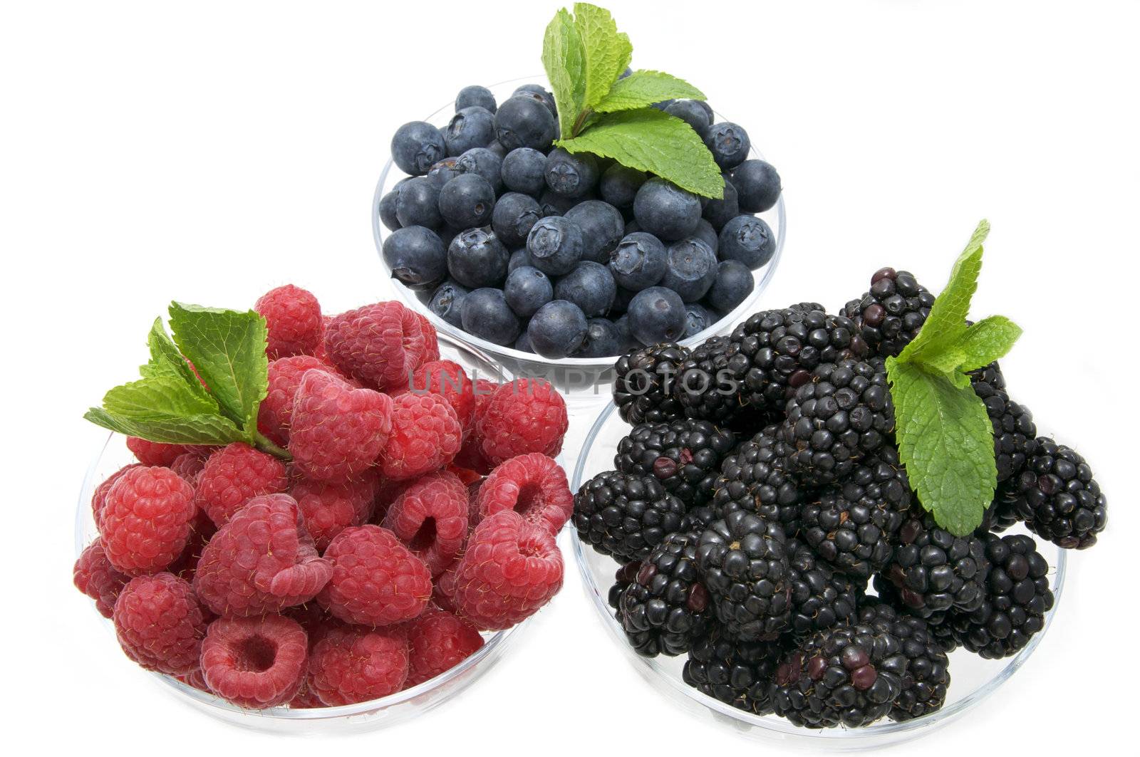 blueberries raspberries and blackberries on a white background in the restaurant