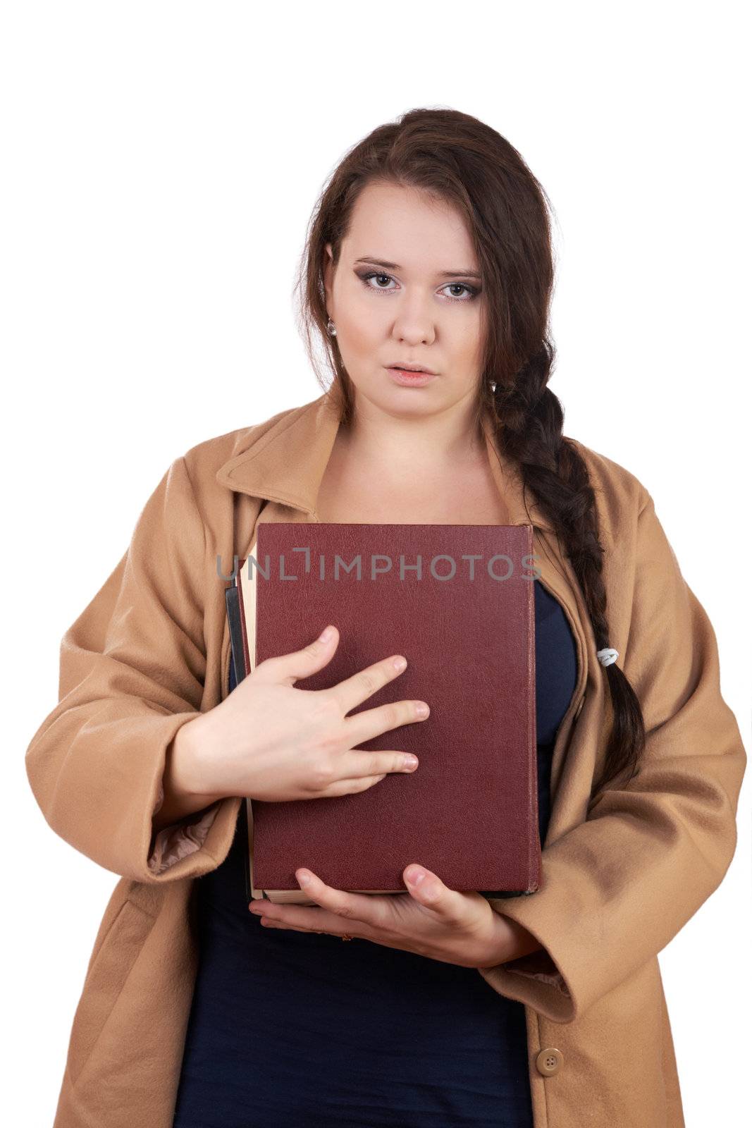 plus size woman with thick volumes of books on a white background