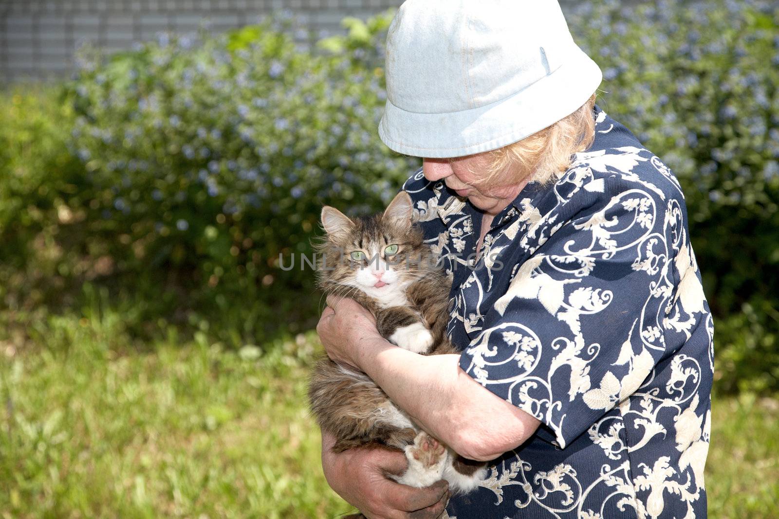 The old woman holds cat on hands