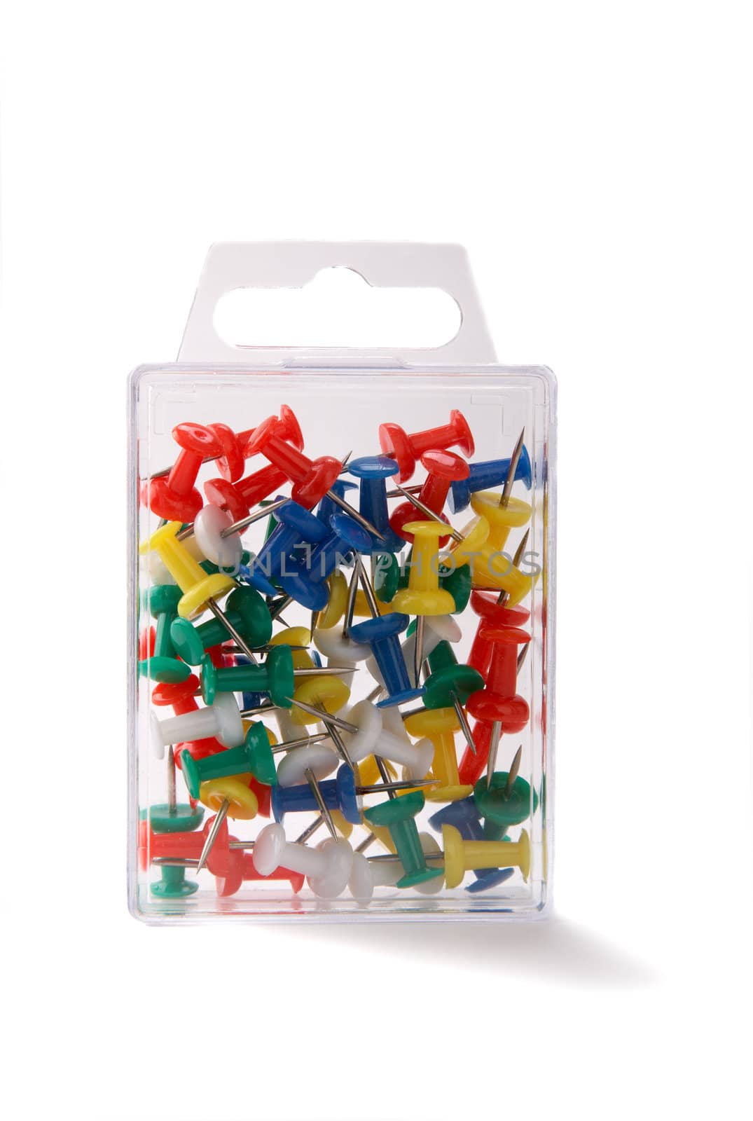 Plastic box with push pin on a white background