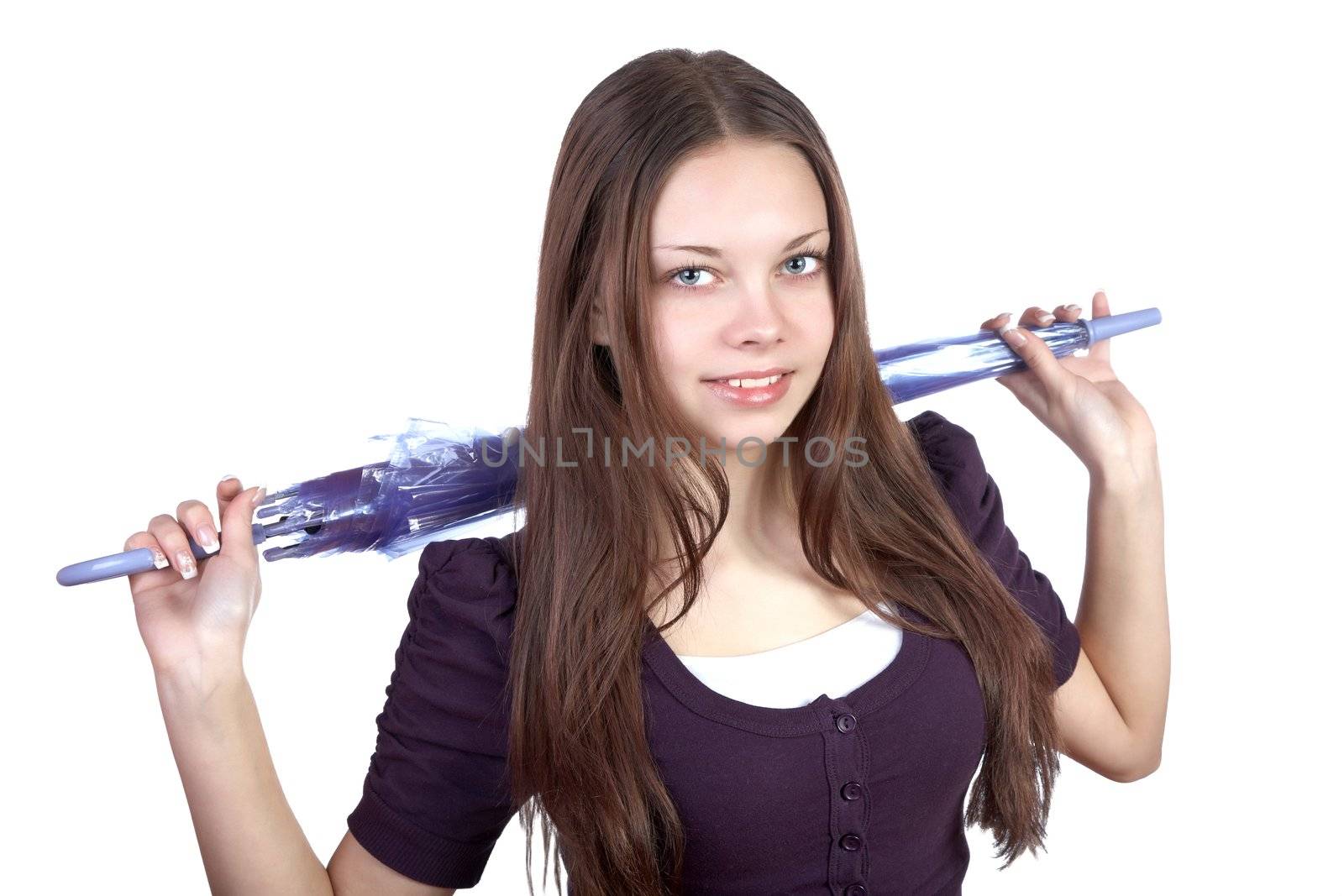 The girl-teenager with an umbrella in hands on a white background