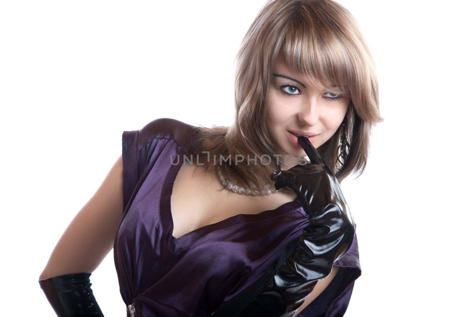 Portrait of the girl in gloves isolated on a white background