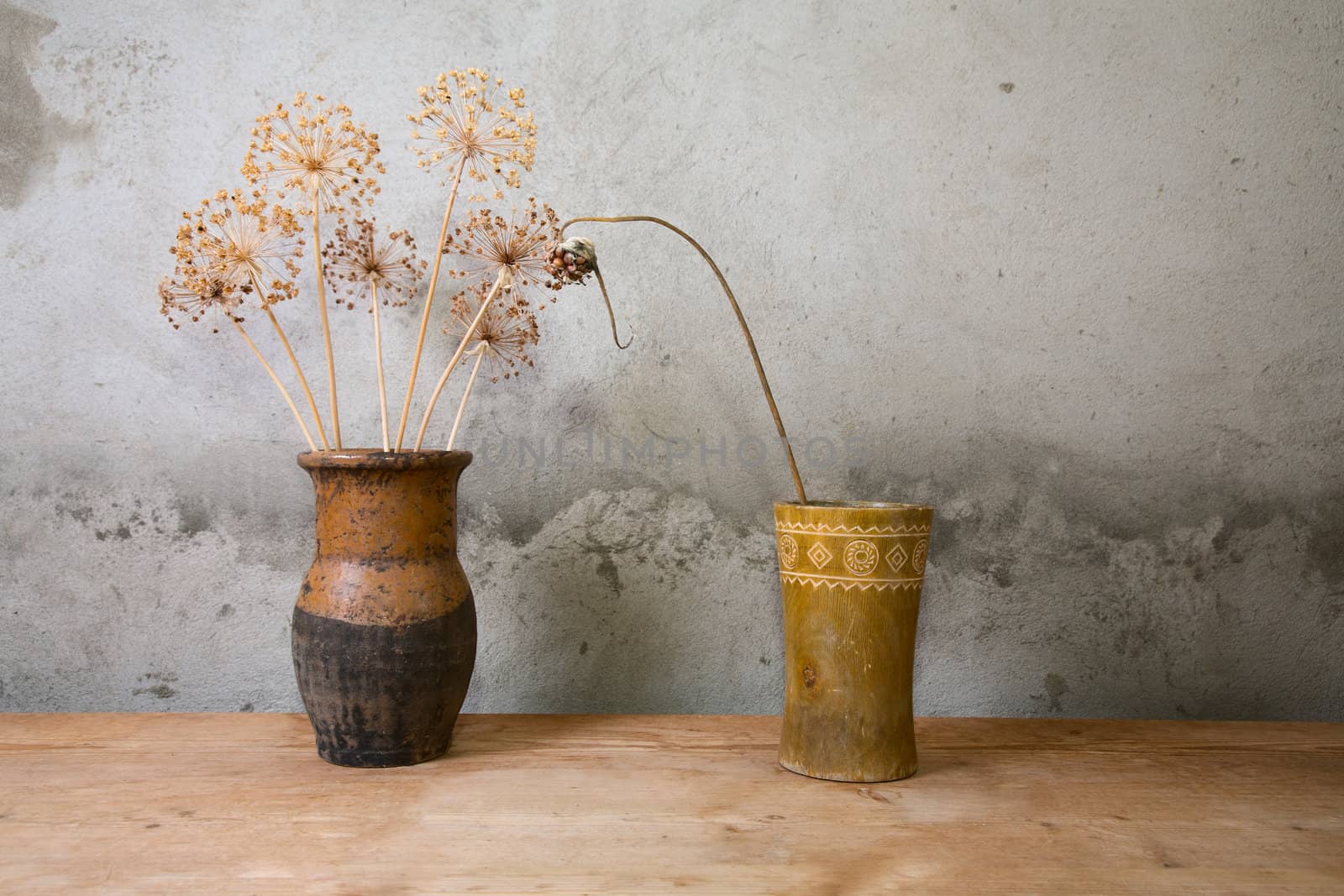 Two vases with dry colours on a wooden table