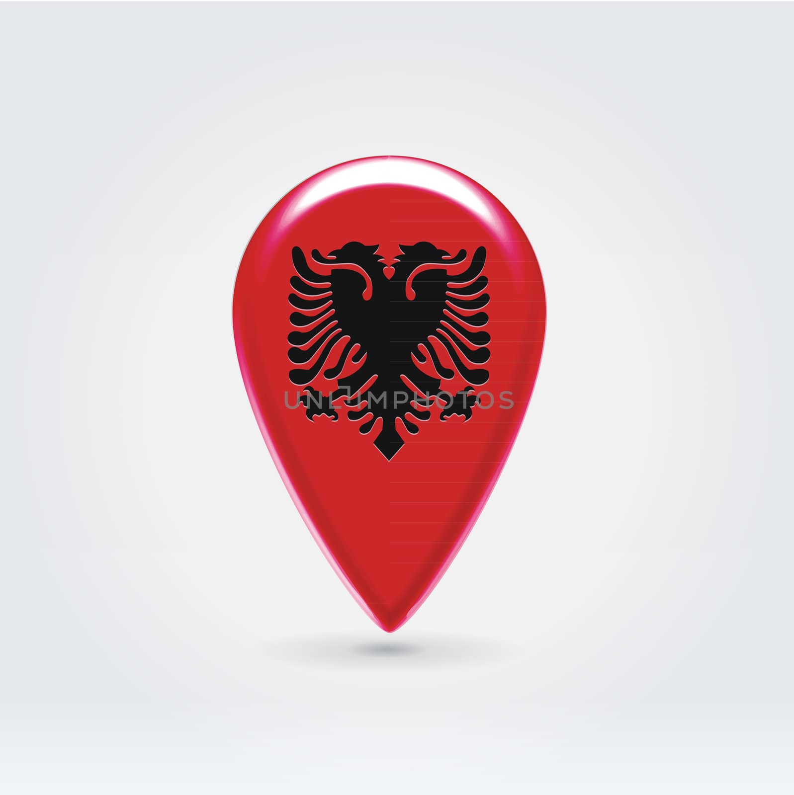 Glossy colorful Albania map application point label symbol hanging over enlighted background