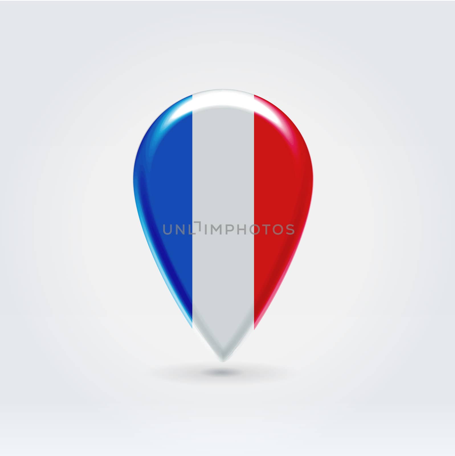 Glossy colorful France map application point label symbol hanging over enlighted background