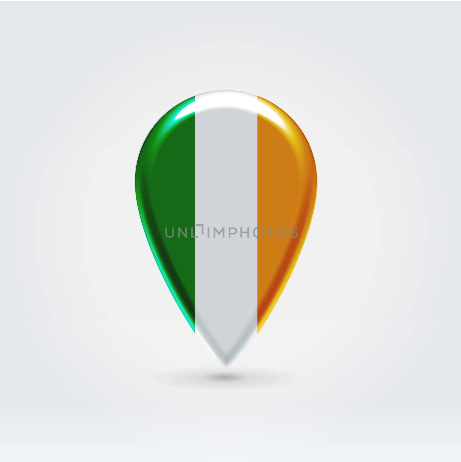 Glossy colorful Ireland map application point label symbol hanging over enlighted background