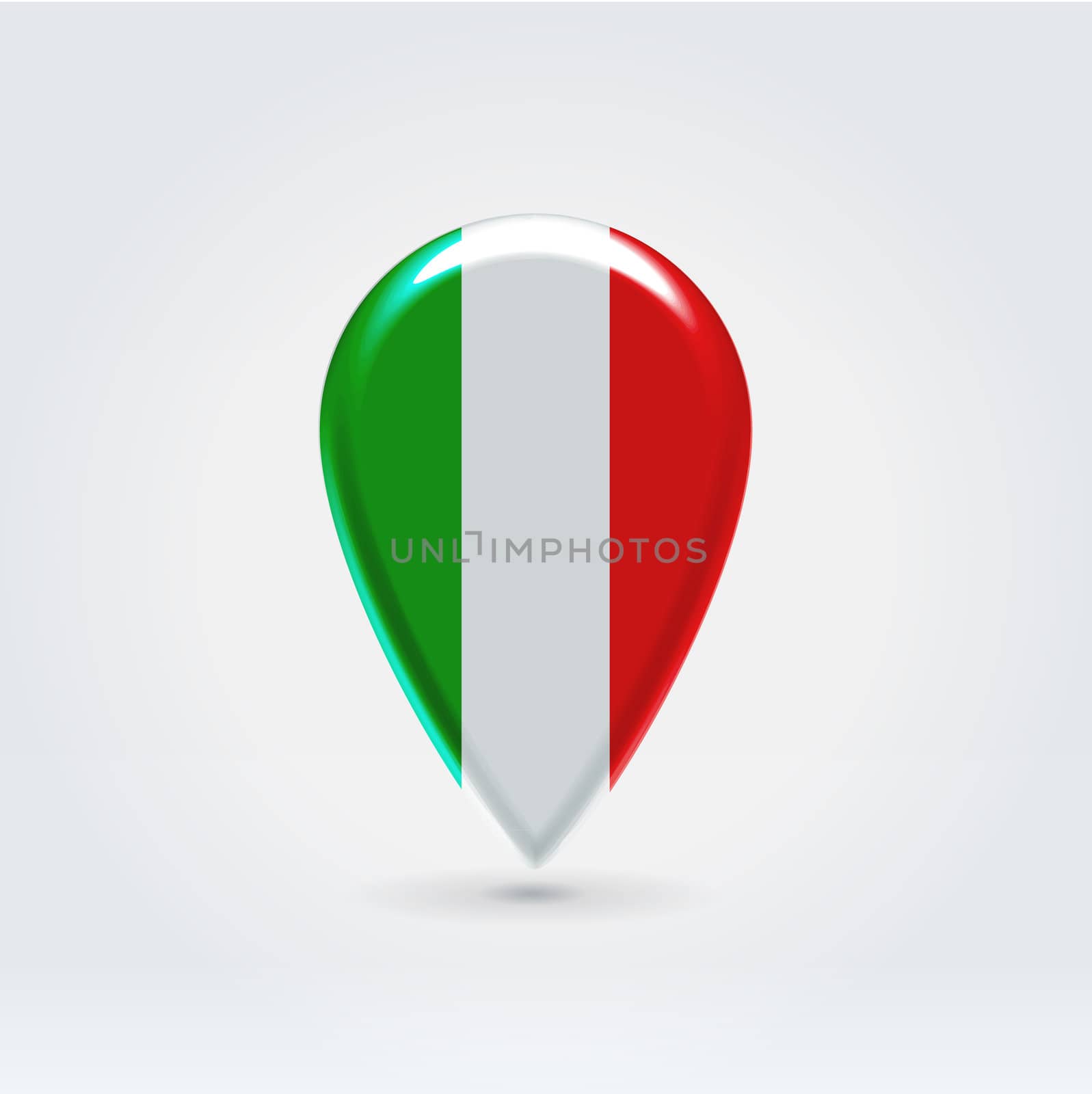 Glossy colorful Italy map application point label symbol hanging over enlighted background