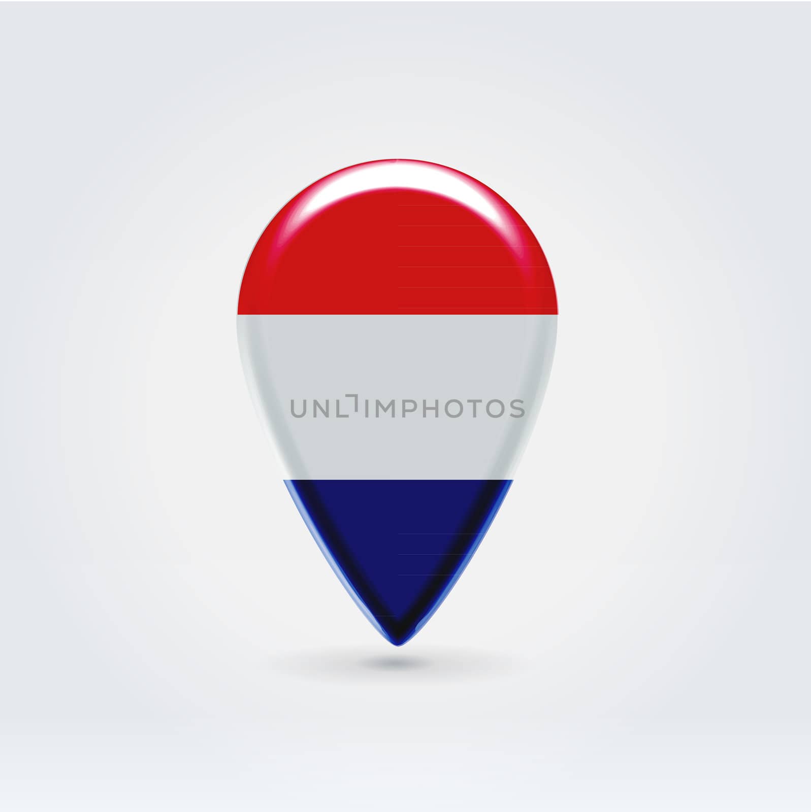 Glossy colorful Netherlands map application point label symbol hanging over enlighted background