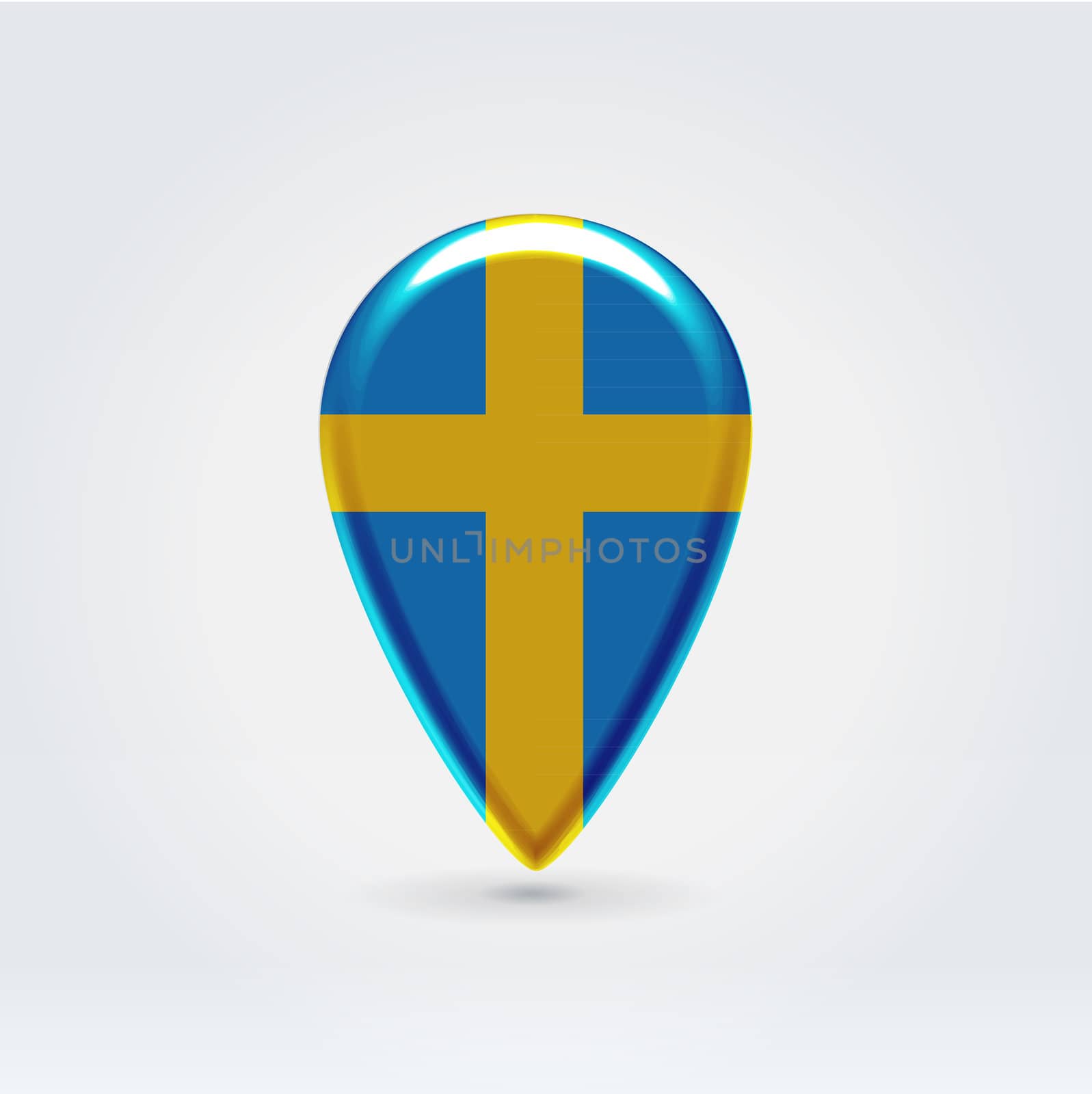 Glossy colorful Sweden map application point label symbol hanging over enlighted background