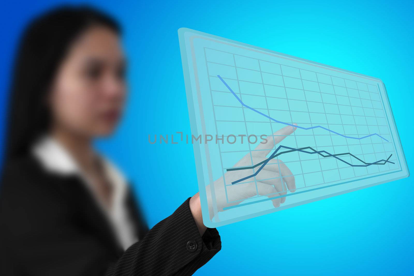 business woman touch up trend graph on virtual interface (Selective Focus at finger)