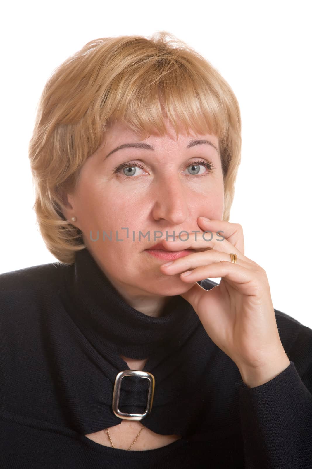 Portrait  mature woman in  black dress on  white background