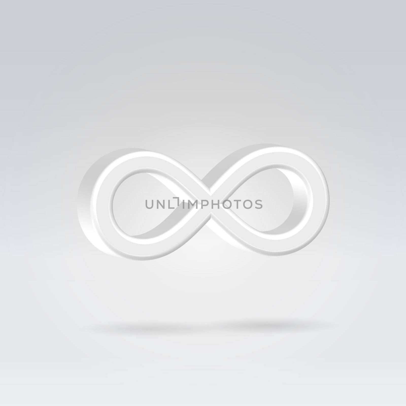 Glowing white silver bright infinity symbol 3d closeup backlit hanging in space