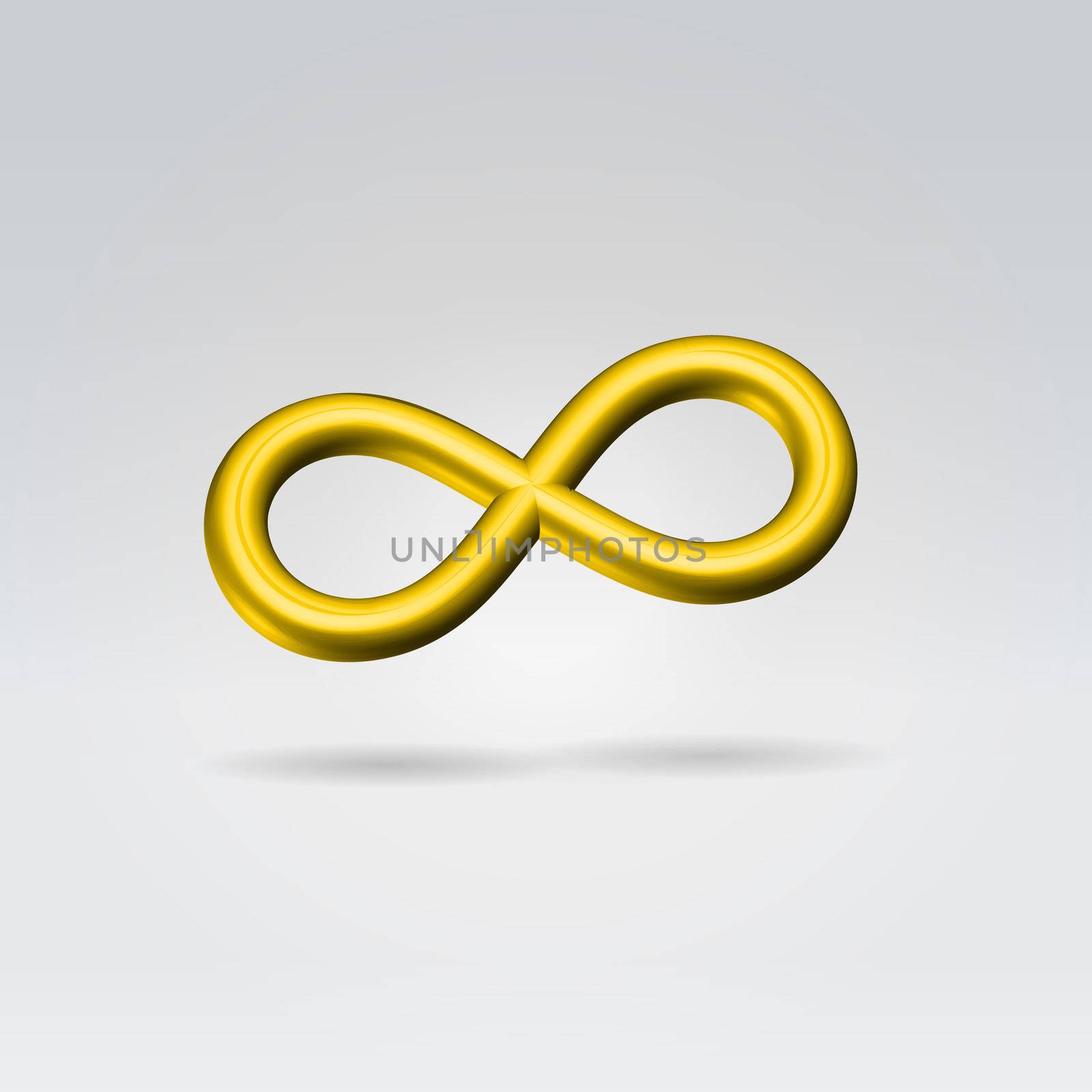 Glowing Golden infinity symbol 3d closeup backlit hanging in space