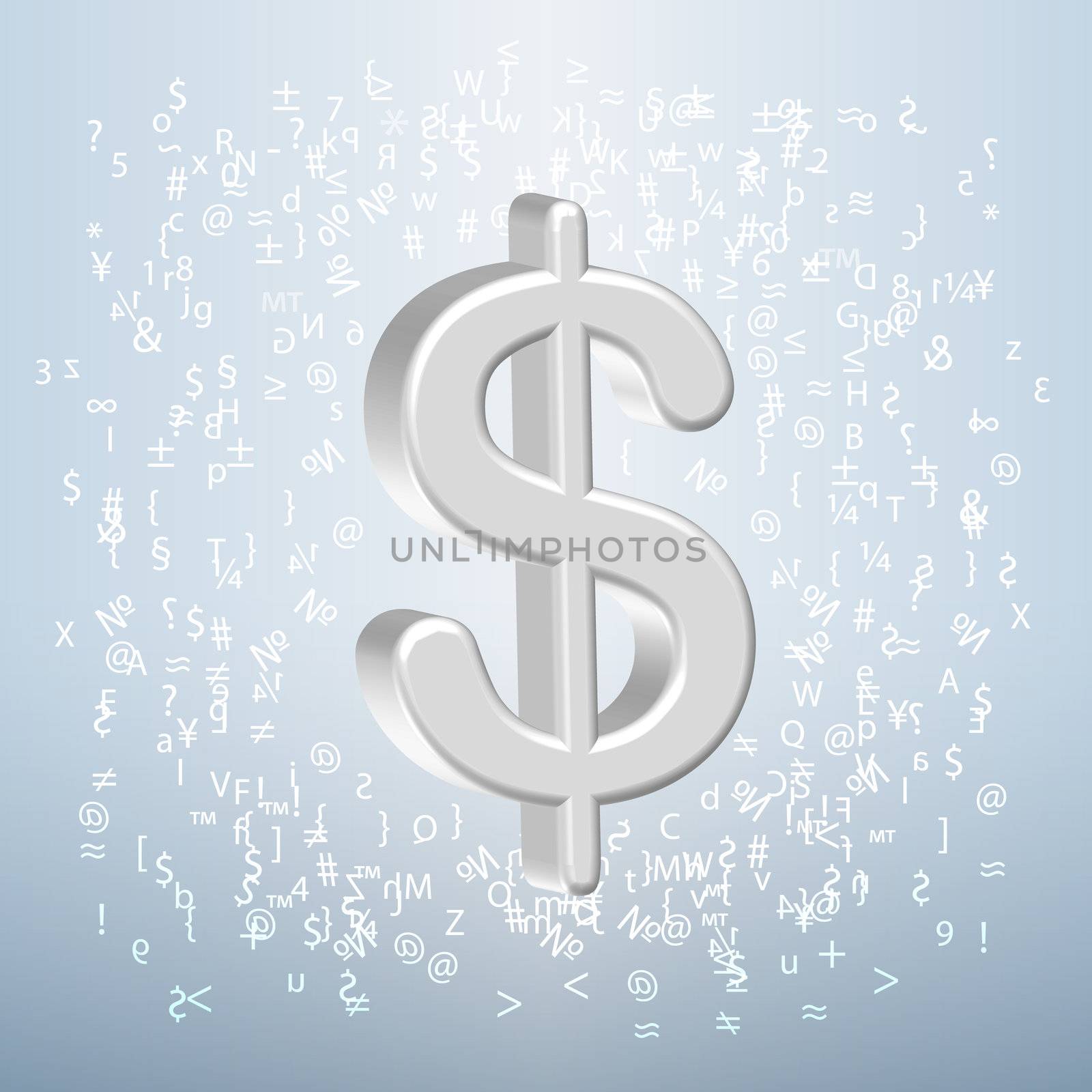 Glossy silver dollar sign over typographic characters in a light blue background