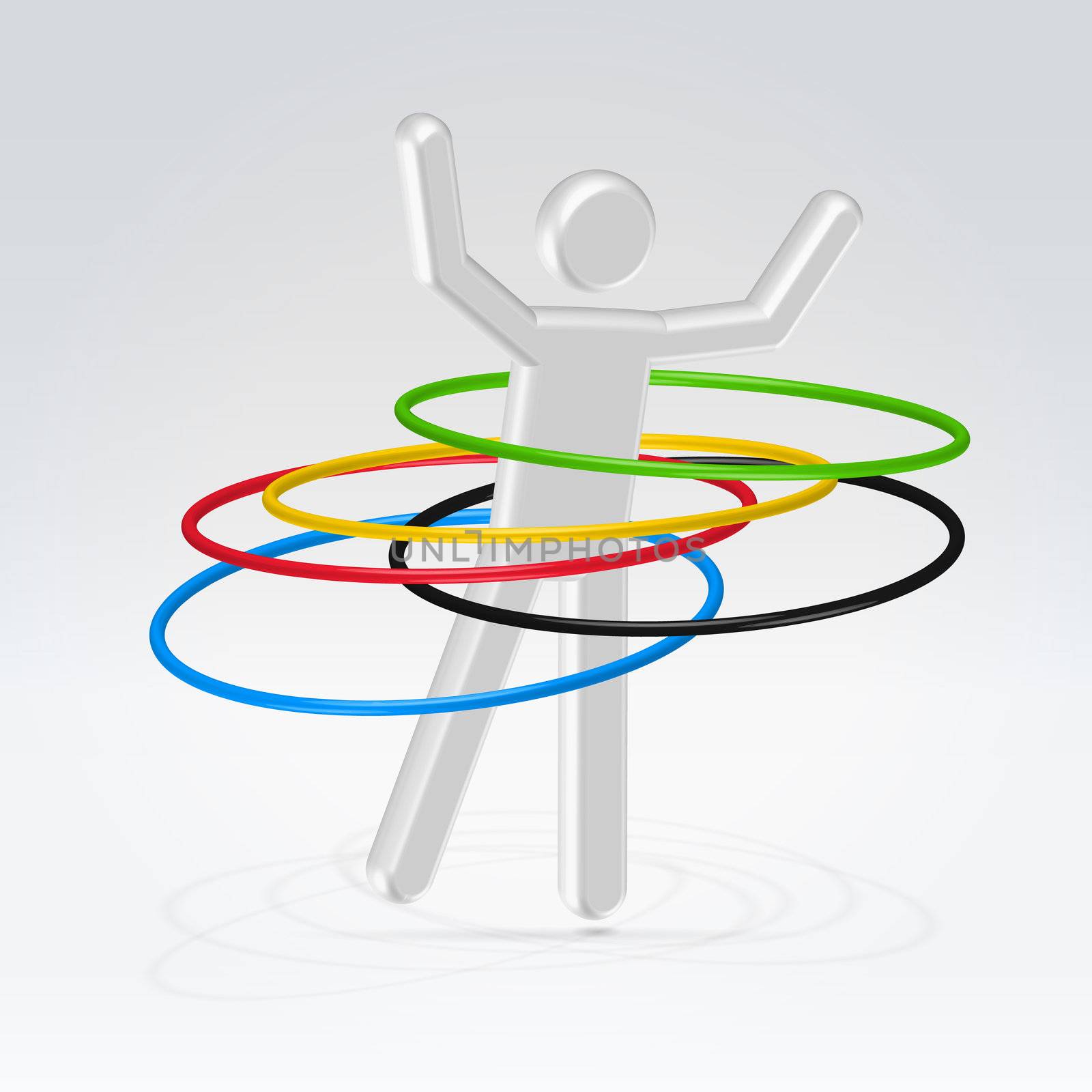 Silver glossy abstract stickman rotates five colorful hoops around his body