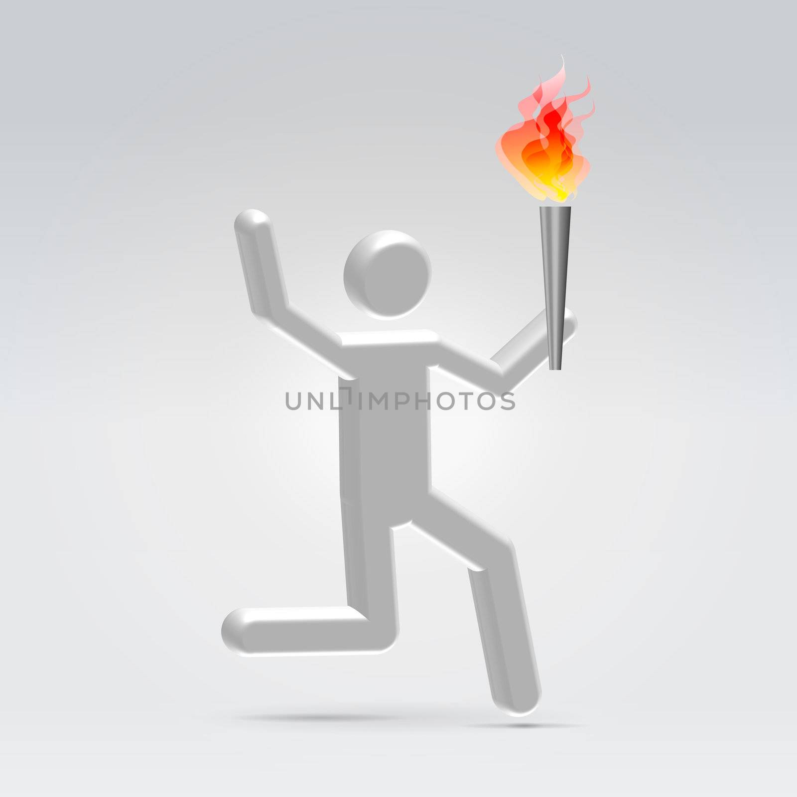 Silver stickman running with fire torch