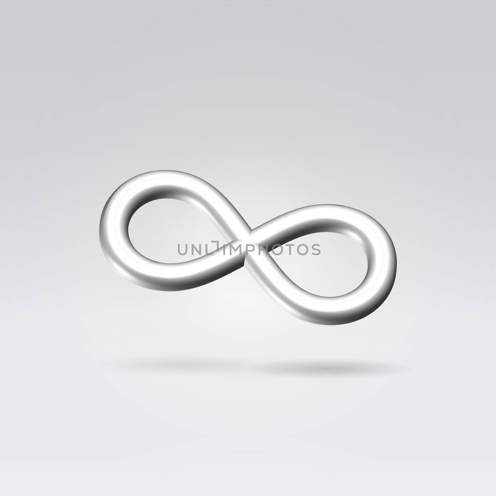 Glowing silver infinity symbol 3d closeup backlit hanging in space