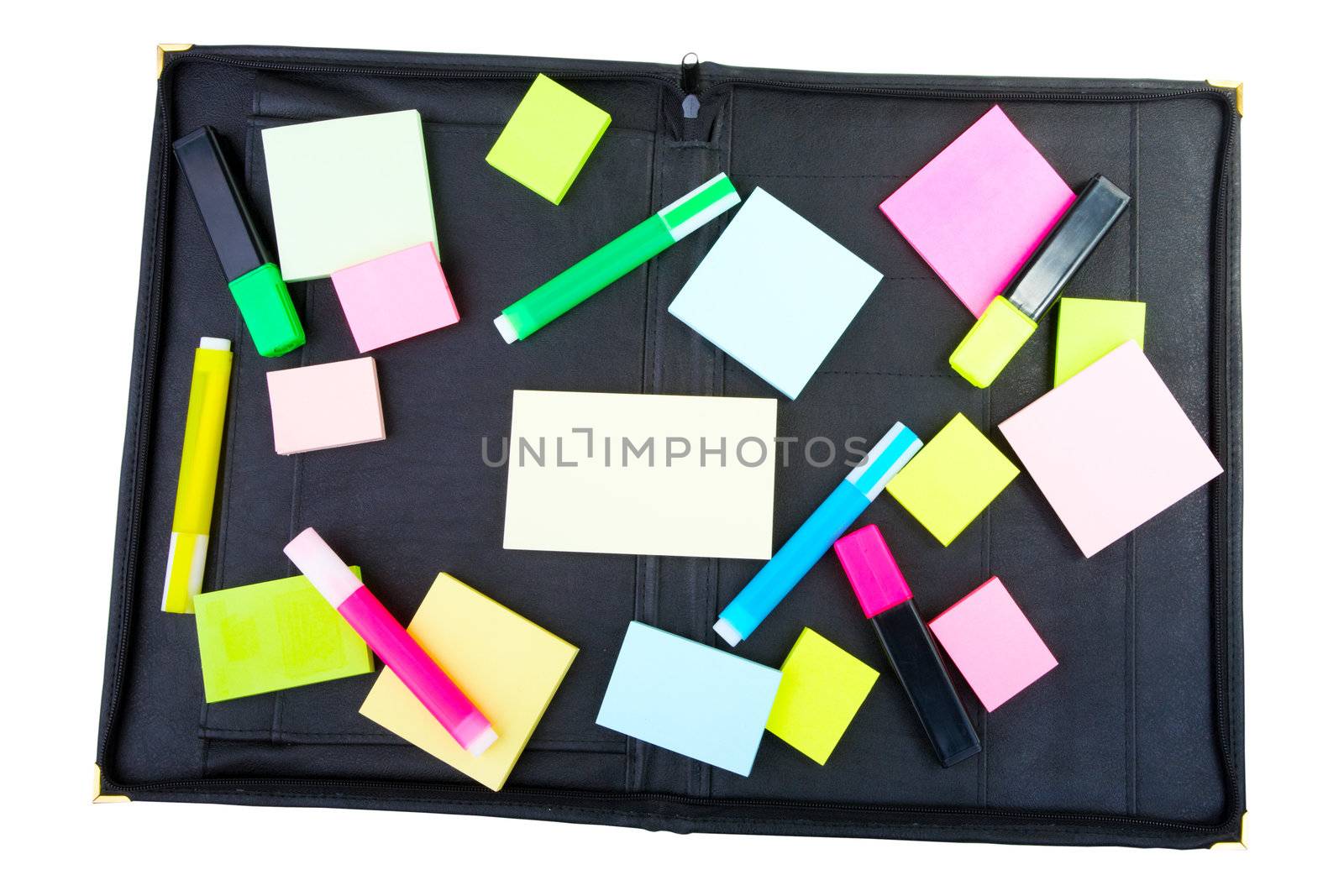 Leather folder stickers and markers isolated on a white background