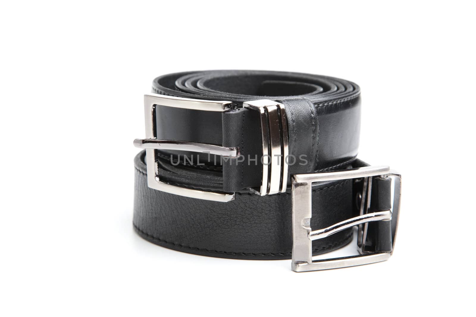 Two man's black belts on a white background
