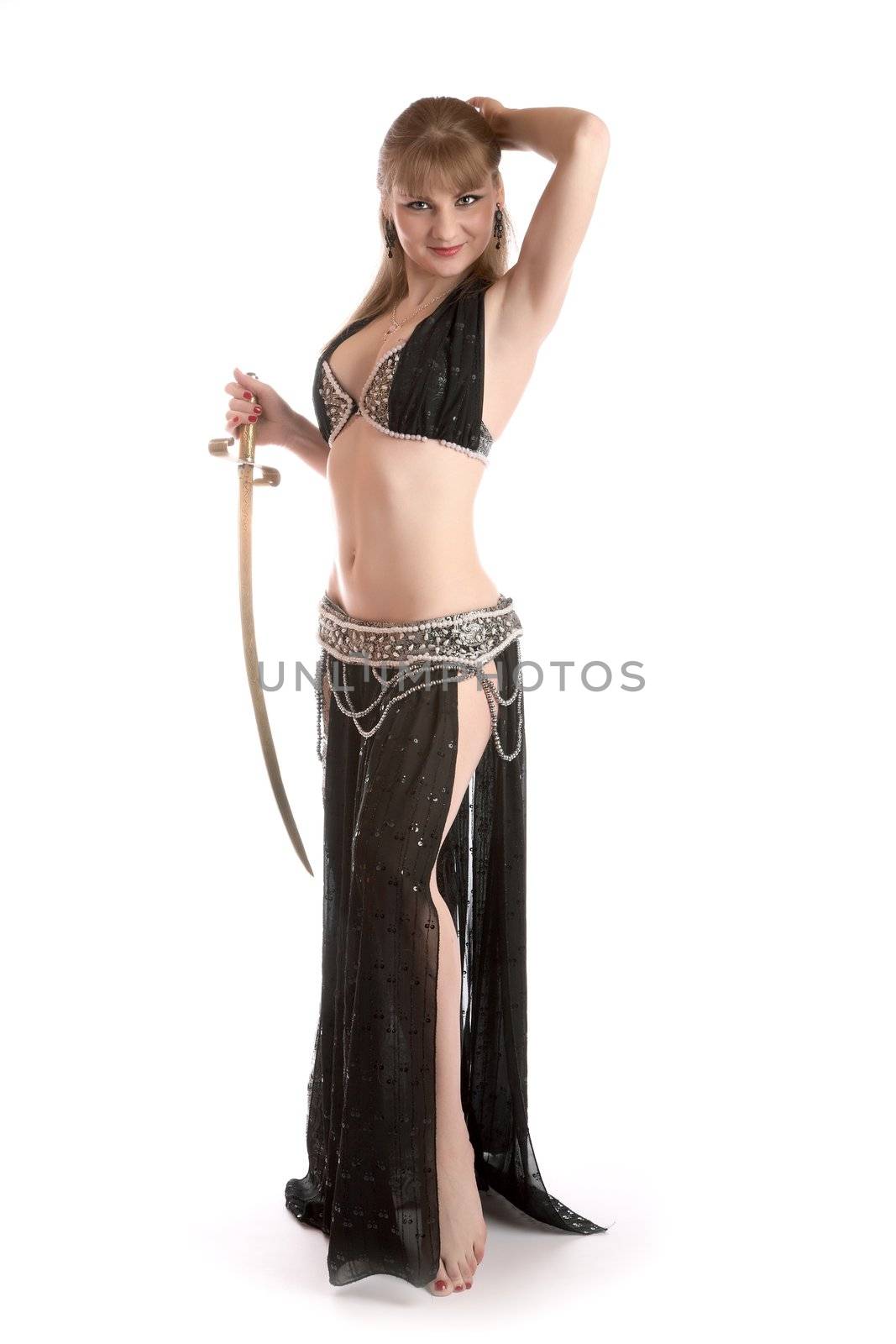 The girl in a dancing suit with sabre on  white background