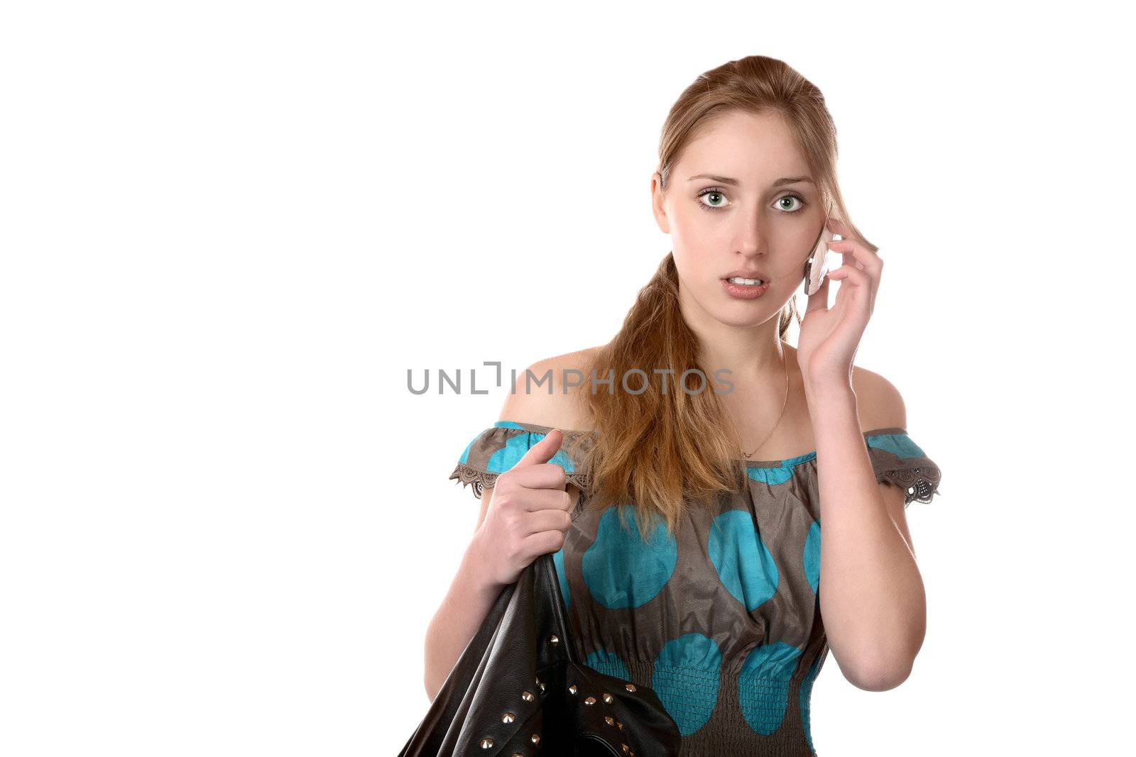 The girl with a cellular telephone on  white background