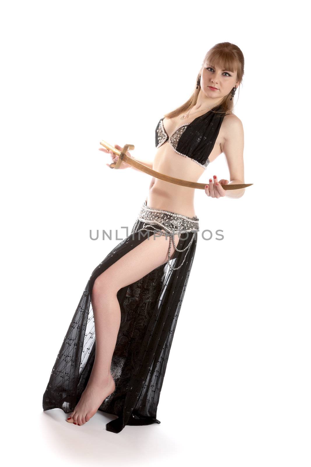 The girl in a dancing suit with sabre on  white background