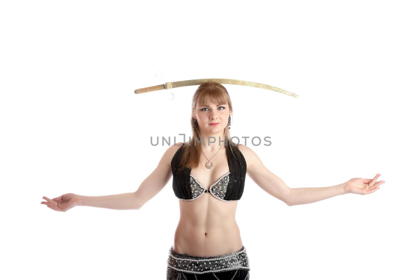 The girl in a dancing suit with sabre on  white background