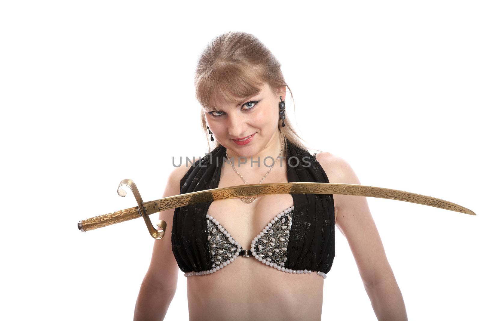 The girl in a dancing suit with sabre on  white background
